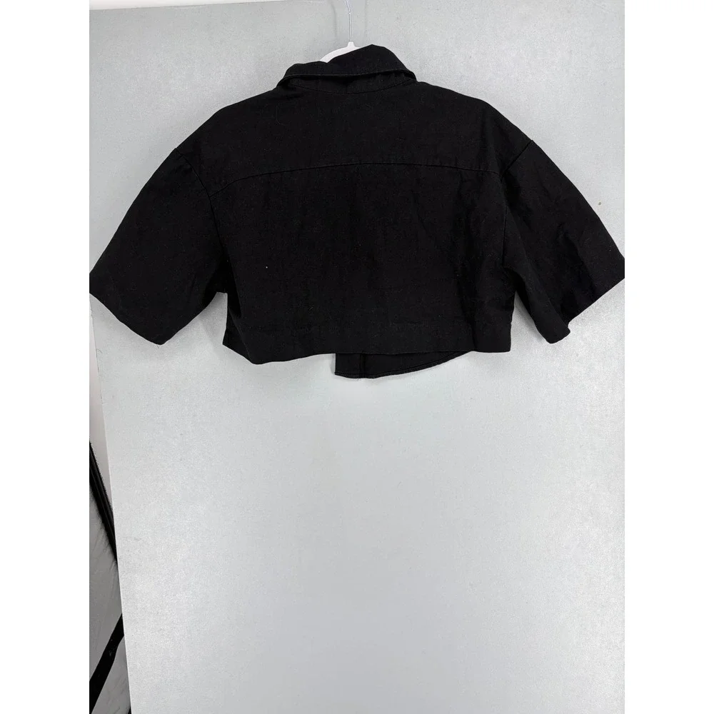 Cider Womens Shirt Black Cropped Asymmetrical Button Front Short Sleeve M - Picture 3 of 4